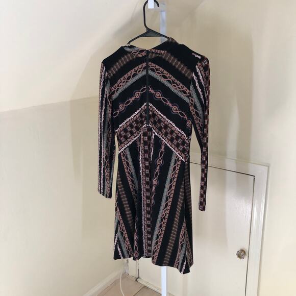 Free People EUC Stella Long Mock Neck Mini Boho Geo Print Dress Black Size S - Picture 6 of 8
